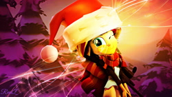 Size: 1600x900 | Tagged: safe, artist:reedz5, sunset shimmer, equestria girls, 3d, christmas, clothes, hat, holiday, one eye closed, santa hat, scarf, snow, source filmmaker, wink