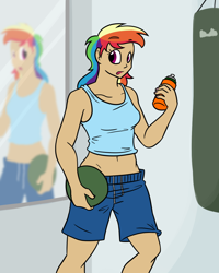 Size: 1000x1250 | Tagged: dead source, safe, artist:bigponiesinc, derpibooru import, rainbow dash, human, ask feedee twilight, belly button, clothes, humanized, midriff, mirror, tanktop