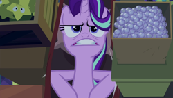 Size: 1280x720 | Tagged: safe, screencap, starlight glimmer, pony, unicorn, road to friendship, angry, annoyed, claustrophobic, cramped, faic, female, frustrated, hammock, irritated, mare, on back, solo, starlight is not amused, unamused