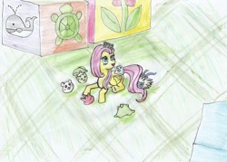 Size: 1024x734 | Tagged: safe, artist:maxorcreaciones, fluttershy, pegasus, pony, botamon, crossover, digimon, leafmon, pabumon, poyomon, punimon, traditional art, yukimibotamon, yuramon