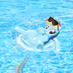 Size: 2000x2000 | Tagged: safe, artist:zigrock, derpibooru import, rainbow dash, pegasus, pony, featureless crotch, floating, floaty, inflatable, inner tube, on back, solo, sunglasses, underhoof, water