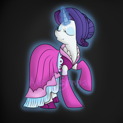 Size: 1386x1386 | Tagged: safe, rarity, pony, unicorn, adry-senpai, alternate hairstyle, clothes, dress, eyes closed, female, gradient background, mare, melly ane, raised hoof, solo, watermark