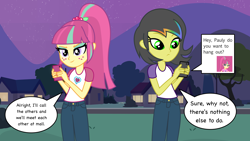 Size: 5760x3240 | Tagged: safe, artist:razethebeast, sour sweet, oc, oc:pauly sentry, equestria girls, friendship games, absurd resolution, cellphone, clothes, dialogue, duo, duo female, equestria girls-ified, female, freckles, gift art, pants, phone, shirt, speech bubble, texting