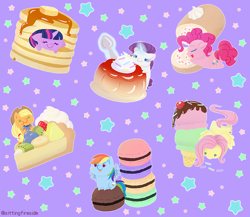 Size: 800x695 | Tagged: safe, artist:anzicorn, derpibooru import, applejack, fluttershy, pinkie pie, rainbow dash, rarity, twilight sparkle, earth pony, pegasus, pony, unicorn, blob ponies, chibi, chubbie, cute, dessert, female, flan, food, hnnng, i'm pancake, ice cream, macaron, mane six, pancakes, ponies in food, pudding, spoon, tongue out