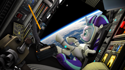 Size: 3840x2160 | Tagged: safe, artist:whiteskyline, starlight glimmer, pony, 3d, astronaut, camera, cockpit, digital art, error, female, high res, mare, moon, orbit, pencil, solo, space, spaceship, spacesuit, zero gravity