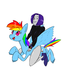 Size: 725x775 | Tagged: safe, artist:scribble, derpibooru import, rainbow dash, pegasus, pony, crossover, cute, raven (teen titans), riding, teen titans