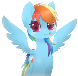 Size: 1553x1501 | Tagged: safe, artist:e-pon, derpibooru import, rainbow dash, pegasus, pony, :p, cute, dashabetes, fluffy, looking at you, raised hoof, reflection, simple background, solo, spread wings, tongue out, white background