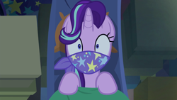 Size: 1280x720 | Tagged: safe, screencap, starlight glimmer, pony, unicorn, road to friendship, bandana, female, gag, hammock, mare, on back, out of context, solo