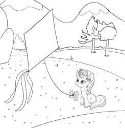 Size: 1200x1224 | Tagged: safe, artist:alloco, starlight glimmer, pony, unicorn, atg 2018, flying kite, glowing horn, kite, monochrome, newbie artist training grounds, solo, that pony sure does love kites