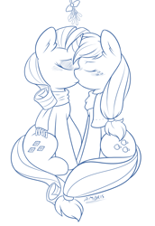 Size: 1657x2406 | Tagged: safe, artist:ambris, applejack, rarity, earth pony, pony, unicorn, blushing, female, kissing, lesbian, monochrome, rarijack, shipping