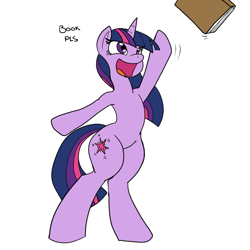 Size: 1000x1000 | Tagged: safe, artist:reiduran, derpibooru import, twilight sparkle, pony, bipedal, book, open mouth, smiling, solo, that pony sure does love books, waving