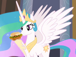 Size: 506x380 | Tagged: safe, edit, edited screencap, screencap, princess celestia, alicorn, pony, chicken sandwich, mcdonald's, solo