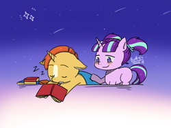 Size: 800x600 | Tagged: safe, artist:kingdomsheep, starlight glimmer, sunburst, pony, unicorn, blushing, book, female, filly, filly starlight glimmer, foal, male, night, pigtails, shipping, sleeping, starburst, stars, straight, younger, z, zzz