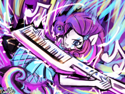 Size: 1920x1440 | Tagged: safe, artist:lumineko, rarity, equestria girls, rainbow rocks, color porn, keytar, looking at you, musical instrument, ponied up, smiling, solo, wink