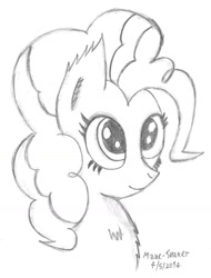 Size: 778x1026 | Tagged: safe, artist:mane-shaker, pinkie pie, earth pony, pony, charcoal drawing, looking up, monochrome, solo, traditional art