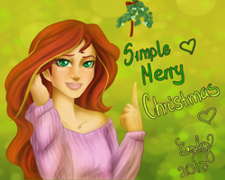 Size: 1280x1024 | Tagged: safe, artist:comsing8, sunset shimmer, human, clothes, humanized, looking at you, mistletoe, smiling