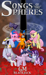 Size: 863x1417 | Tagged: safe, artist:spiralling-vibrance, fluttershy, pinkie pie, starlight glimmer, sunset shimmer, sweetie belle, twilight sparkle, twilight sparkle (alicorn), alicorn, fanfic:songs of the spheres, fallout, fanfic, fanfic art, fanfic cover, homestuck, jojo's bizarre adventure, jotaro kujo, pipboy, sunglasses, the dark tower, vriska serket, wrist computer