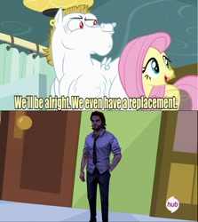 Size: 640x717 | Tagged: safe, bulk biceps, fluttershy, pegasus, pony, big bad wolf, bigby, bigby wolf, blonde, blonde mane, blonde tail, blue eyes, curtain, ear piercing, exploitable meme, fables, female, looking to side, looking to the right, male, mare, meme, open mouth, piercing, pink mane, pink tail, red eyes, replacement meme, smiling, spread wings, stallion, telltale games, text, the wolf among us, white coat, wings, yellow coat