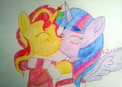 Size: 3221x2309 | Tagged: safe, artist:erenerakhard, derpibooru exclusive, sunset shimmer, twilight sparkle, twilight sparkle (alicorn), alicorn, female, hearth's warming eve, kissing, lesbian, mistletoe, shipping, sunsetsparkle