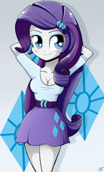 Size: 1256x2080 | Tagged: safe, artist:riouku, rarity, equestria girls, arms, belt, blushing, breasts, bust, cleavage, clothes, elbowed sleeves, eyelashes, eyeshadow, female, hairpin, hand, hands behind head, happy, legs, long hair, makeup, shirt, skirt, smiling, solo, teenager, top