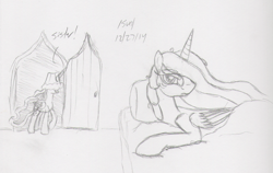 Size: 1218x768 | Tagged: safe, artist:slash-sun-slash, princess celestia, princess luna, alicorn, pony, bed, celestiadoodle, hat, lampshade, lampshade hat, monochrome, traditional art