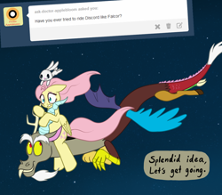 Size: 1200x1050 | Tagged: safe, artist:marindashy, angel bunny, discord, fluttershy, pegasus, pony, ask, fluttershy answers, flying, riding, the neverending story, tumblr