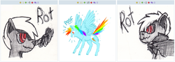 Size: 769x273 | Tagged: safe, derpibooru import, rainbow dash, oc, pegasus, pony, derpibooru, exploitable meme, juxtaposition, juxtaposition win, meme, meta