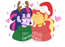 Size: 900x650 | Tagged: safe, artist:campeverfrees, sci-twi, sunset shimmer, twilight sparkle, equestria girls, antlers, blushing, christmas, clothes, eyes closed, female, hat, heart, holiday, lesbian, reindeer antlers, santa hat, scitwishimmer, shipping, simple background, smiling, sunsetsparkle, sweater, white background