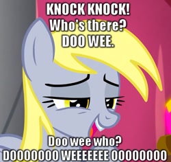 Size: 633x597 | Tagged: safe, edit, derpy hooves, pegasus, pony, doctor who, female, image macro, knock knock joke, mare, meme, solo