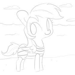 Size: 1650x1650 | Tagged: safe, artist:tjpones, derpibooru import, rainbow dash, pegasus, pony, beach, clothes, female, grayscale, mare, monochrome, ocean, simple background, smoldash, solo, swimsuit, white background