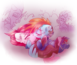 Size: 1131x953 | Tagged: safe, artist:pinkablue, derpibooru import, pinkie pie, rainbow dash, earth pony, pegasus, pony, alternate timeline, apinkalypse pie, apocalypse dash, blushing, crying, crystal war timeline, eye scar, eyes closed, female, hug, kissing, lesbian, pinkamena diane pie, pinkiedash, scar, shipping, signature, smiling, sombra soldier, winghug