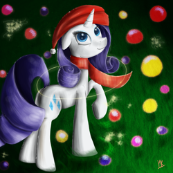 Size: 1200x1200 | Tagged: safe, artist:gusteaureeze, rarity, pony, unicorn, christmas, clothes, hat, santa hat, scarf, solo