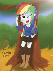 Size: 2000x2666 | Tagged: safe, artist:sumin6301, derpibooru import, rainbow dash, equestria girls, alternate costumes, boots, clothes, hot pants, solo, stockings, sweater, wink