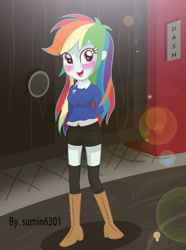 Size: 2424x3256 | Tagged: safe, artist:sumin6301, derpibooru import, rainbow dash, equestria girls, alternate costumes, blushing, boots, clothes, hot pants, solo, stockings, sweater