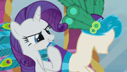 Size: 960x540 | Tagged: safe, screencap, rarity, sweetie belle, peacock, pony, unicorn, ponyville confidential, animated, blushing, carousel boutique, dress making, dressup, inspiration, lip bite, magic, mannequin, mirror, mouth hold, notepad, peacock feathers, pencil, reporter, smirk, stool, telekinesis