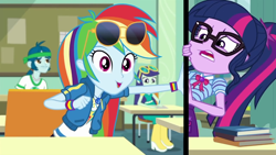 Size: 1280x720 | Tagged: safe, derpibooru import, screencap, blueberry cake, captain planet, rainbow dash, sci-twi, twilight sparkle, better together, equestria girls, the last day of school, background human, breaking the fourth wall, fourth wall, geode of super speed, geode of telekinesis, magical geodes