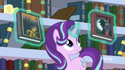 Size: 1920x1080 | Tagged: safe, screencap, daring do, starlight glimmer, pegasus, pony, unicorn, the end in friend, book, bookshelf, daring do and the razor of dreams, discovery family logo, female, glowing horn, levitation, library, magic, mare, school of friendship, shadow spade, solo, telekinesis, the colt in crimson
