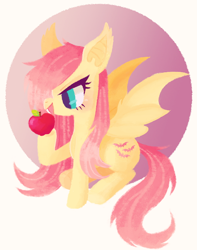 Size: 600x762 | Tagged: safe, artist:auds, fluttershy, apple, flutterbat, pixiv, solo, species swap