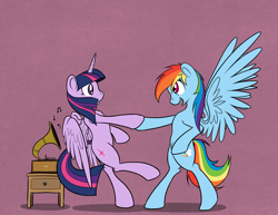 Size: 1500x1159 | Tagged: safe, artist:scherzo, derpibooru import, rainbow dash, twilight sparkle, twilight sparkle (alicorn), alicorn, pegasus, pony, :o, bipedal, dancing, eye contact, female, gramophone, lesbian, mare, music notes, open mouth, record player, shipping, smiling, spread wings, twidash