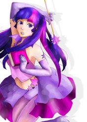 Size: 848x1200 | Tagged: safe, artist:chika_rosio, derpibooru import, twilight sparkle, armpits, book, clothes, evening gloves, humanized, magical girl, pixiv, solo, wand