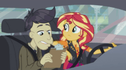 Size: 448x251 | Tagged: safe, screencap, cranky doodle donkey, sunset shimmer, better together, driving miss shimmer, driving miss shimmer: rarity, equestria girls, animated, clothes, driving, test