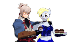 Size: 1153x692 | Tagged: safe, artist:zoroark67, derpy hooves, anthro, 3d, blushing, crossover, crossover shipping, derpy hooves gets all the stallions, fire emblem, fire emblem fates, food, glasses, mmd, muffin, shipping, takumi