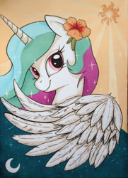 Size: 1840x2545 | Tagged: safe, artist:yellowrobin, princess celestia, alicorn, pony, bust, crescent moon, cute, cutelestia, day, feather, flower, flower in hair, happy, markers, moon, night, portrait, smiling, solo, stars, sun, traditional art, wings