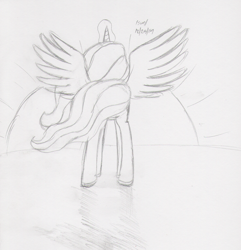 Size: 1109x1150 | Tagged: safe, artist:slash-sun-slash, princess celestia, alicorn, pony, celestiadoodle, magic, monochrome, plot, solo, spread wings, sun work, traditional art