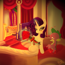 Size: 1600x1600 | Tagged: safe, artist:pedrohander, rarity, spike, dragon, pony, unicorn, bouquet, carousel boutique, colored, digital art, female, flower, heart, heart eyes, male, shipping, sparity, straight, wingding eyes