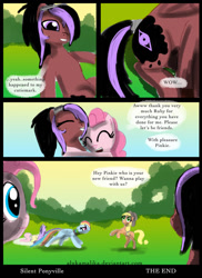 Size: 763x1047 | Tagged: safe, artist:helenasherzblut, derpibooru import, applejack, fluttershy, pinkie pie, rainbow dash, twilight sparkle, oc, oc:ruby crow, earth pony, pegasus, pony, fanfic:silent ponyville, comic, hug, lost memories