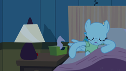 Size: 1280x720 | Tagged: safe, derpibooru import, screencap, rainbow dash, pegasus, pony, read it and weep, animation error, bed, eyes closed, hospital gown, lamp, no mane, reaching, sheet, tissue