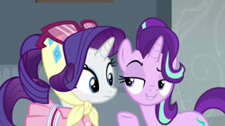 Size: 1920x1080 | Tagged: safe, screencap, rarity, starlight glimmer, pony, unicorn, the end in friend, camping outfit, clothes, duo, female, headscarf, implied starity, lidded eyes, mare, scarf