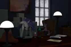 Size: 3000x2000 | Tagged: safe, artist:tahublade7, rarity, sweetie belle, anthro, plantigrade anthro, 3d, alternate hairstyle, clothes, daz studio, doll, feels, feet, floppy ears, high res, office, picture, sad, socks, wine, younger