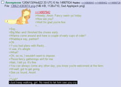 Size: 575x416 | Tagged: safe, applejack, earth pony, pony, /mlp/, 4chan, anon in equestria, feels, greentext, rejection is magic, sad, text